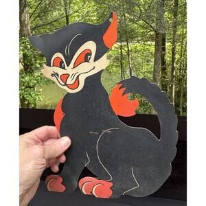 Vintage 1960’s Halloween Decoration Hanging or Stand-up Black Cat Card Stock 12”